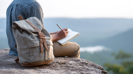 Traveler with a backpack is sitting on a rock, taking notes in a notebook while enjoying a breathtaking mountain view during a relaxing summer eveningの素材