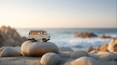 Miniature camper van resting on rocky coastline, golden sunset casting warm glow, capturing free spirited travel essence and coastal explorationの素材
