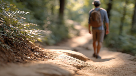 Tourist walking along a sunlit path in a lush forest, enjoying the serenity and tranquility of nature during a summer camping trip, embracing the adventure of the outdoorsの素材