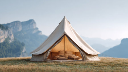 Canvas bell tent standing on mountain summit, displaying panoramic sunrise landscape with verdant terrain and distant peaks, representing serene wilderness camping experience during summer adventureの素材
