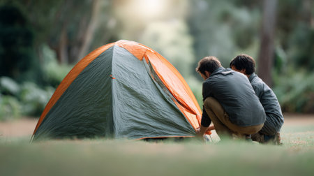 Two campers are setting up their tent in a campground during their summer travel adventure, enjoying the beautiful natural surroundings and preparing for a relaxing outdoor experienceの素材