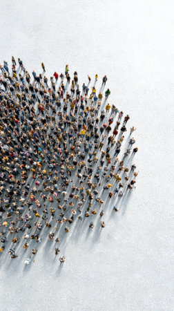 Large group of people protesting against immigration raids and ice policies in the united states, forming a dense crowd and casting long shadows on the groundの素材