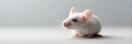White albino mouse with red eyes and pink ears standing on a neutral gray background, studio close up evoking research, laboratory animal, pet, and biological study themesの素材