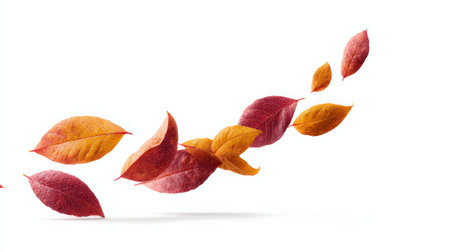 Colorful autumn leaves falling gracefully against a clean white background, creating a vibrant and seasonal image perfect for autumn themed projectsの素材