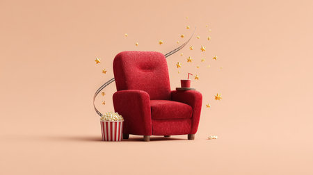 Red padded cinema armchair with a bucket of popcorn and a takeaway cup with straw, surrounded by a film strip reel and falling golden stars, symbolizing movie entertainmentの素材