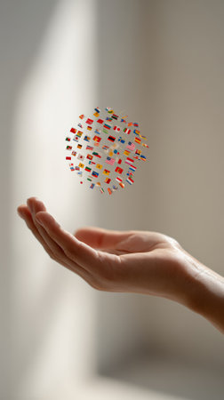 Hand gently holds a rotating sphere composed of numerous international flags, symbolizing global unity, cooperation, and cultural exchange in a world connected by technology and diplomacyの素材