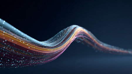 Abstract multicolored lines, full of glittering spherical particles, creating a dynamic data transfer wave, symbolizing modern technology, internet communication, and big data visualizationの素材