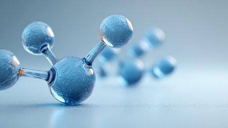 Blue glassy molecules forming a connected structure, representing concepts of science, research, chemistry, and technology, with blurred elements receding into the backgroundの素材
