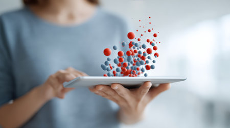 Businesswoman is holding a tablet with floating red and grey spheres, symbolizing global communication and international connections in the digital ageの素材