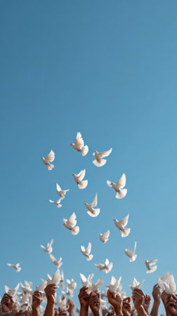 Hands releasing white doves into a clear blue sky, symbolizing peace, hope, and freedom while embodying new beginnings and the spirit of unity and harmony among communitiesの素材