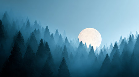 Full moon casts silver light over a dense pine forest, layers of tree silhouettes fading into blue night mist, creating a serene, mysterious, ethereal woodland sceneの素材