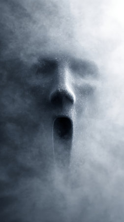 Abstract human face with mouth agape, emerging from swirling smoke and mist, evoking terror, panic and psychological torment eerie, surreal representation of fear and anguishの素材