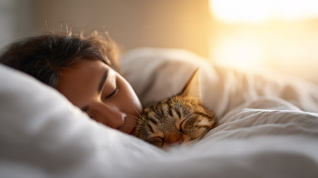 Woman and her tabby cat sleeping peacefully under white covers in a cozy bed, finding comfort and connection during a quiet morning rest with sunlight streaming inの素材