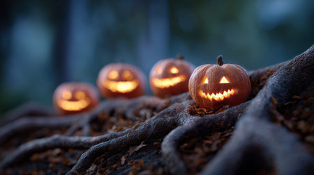 Jack o lanterns with spooky faces illuminate a dark forest floor, sitting on intertwined tree roots surrounded by fallen autumn leaves, creating a mysterious atmosphereの素材