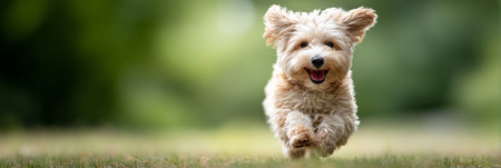 Fluffy dog sprinting across a sunlit green field, ears flying and mouth open in joyful play, capturing energy, freedom and lively motion on a warm summer dayの素材