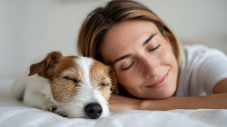 Happy woman and her jack russell snuggled together on a white bed, resting peacefully and sharing a cozy, affectionate moment of companionship and calm at homeの素材
