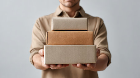 Courier wearing uniform holds and presents three stacked cardboard boxes. Symbolizing fast delivery. E commerce parcels. Efficient logistics and reliable shipping service for businesses and customersの素材