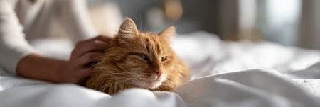 Ginger cat with long fur resting on a cozy white bed, a persons hand gently petting its head, showing love, comfort, and a tender bond between pet and owner in a home settingの素材