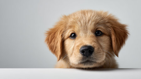 Golden retriever puppy peering intently from behind a clean white surface in a professional studio setting, creating a charming and endearing portraitの素材