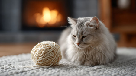 Fluffy gray cat is lying on a soft carpet in front of a cozy fireplace, with a ball of yarn next to it, creating a warm and inviting autumn sceneの素材