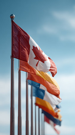 Multiple national flags, including the prominent canadian flag, are waving on flagpoles against a clear blue sky, symbolizing international cooperation, diversity, and global unityの素材