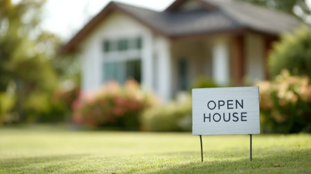 Open house sign on a lush green lawn before a blurred modern suburban home, evoking real estate, property sales, new beginnings, and the search for a dream homeの素材