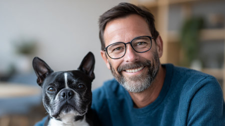 Happy man wearing eyeglasses and a blue sweater posing portrait with his boston terrier dog, showing the friendship and bond between pet owner and domestic animalの素材