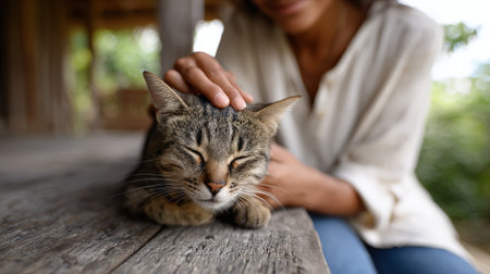 Woman gently stroking a domestic tabby cat lying contentedly with closed eyes on a rustic wooden surface, expressing love, comfort, and a strong human animal bondの素材