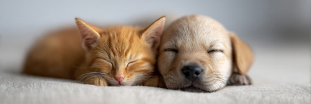 Puppy and ginger kitten sleeping side by side in a cozy position, lying peaceful on a soft blanket while cuddling and bonding, representing interspecies friendship and comfortable animal welfareの素材