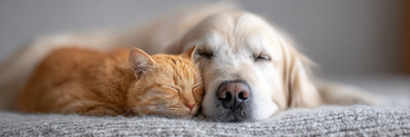 Ginger cat and golden retriever dog peacefully sleeping side by side on a cozy blanket, showing comfort, companionship, and harmony between different animal species in a domestic settingの素材