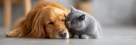 Dog and cat napping side by side, sharing a peaceful, cozy moment that celebrates friendship, companionship and harmony between different pets at homeの素材
