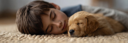 Boy and golden retriever puppy sleeping side by side on a textured rug, sharing a peaceful nap, illustrating the strong bond and comfort between child and petの素材