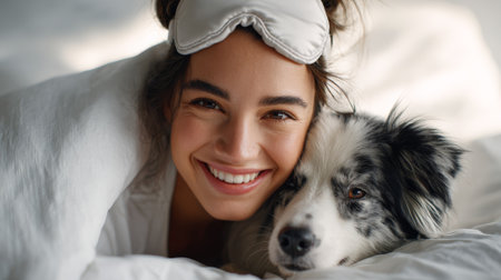Young woman in a sleep mask smiling as she cuddles her dog under a cozy blanket in bed, enjoying a relaxed, joyful morning of companionship and comfort at homeの素材