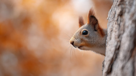 Eurasian red squirrel peeking curiously from behind a tree trunk in a vibrant autumn forest, creating a delightful wildlife scene filled with colorful foliage and natural beautyの素材
