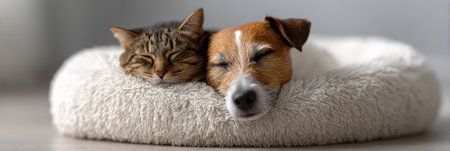 House cat and jack russell terrier dog peacefully sleeping side by side on a comfortable light gray fluffy pet bed, showing friendship and warm companionship between different speciesの素材