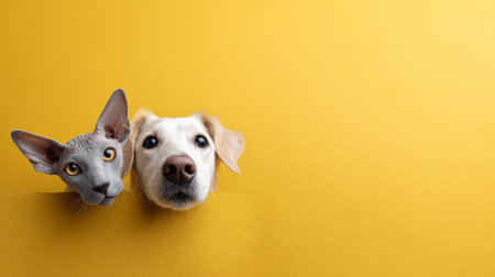 Golden retriever dog and a gray sphynx cat are curiously peeking over a yellow surface, their heads close together, creating a cute and friendly animal portraitの素材