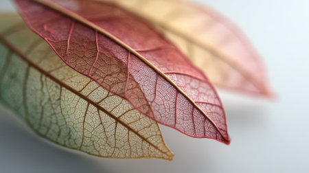 Close up of overlapping translucent skeleton leaves revealing intricate vein patterns, creating a delicate and artistic display of natural beautyの素材