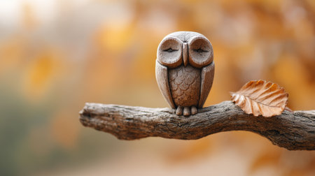 Small wooden owl figurine is sitting on a branch with a dry leaf next to it, in the magical atmosphere of an autumn forest, creating a serene and evocative sceneの素材