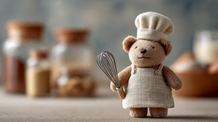 Adorable teddy bear in chefs hat and apron stands in a cozy kitchen holding a whisk, ready to bake sweet treatsplayful culinary scene evoking homemade desserts and childhood funの素材