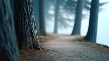 Forest path winding through tall trees, shrouded in dense morning fog and mist, serene, mysterious woodland scene inviting quiet exploration and solitary hikingの素材