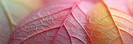 Macro photograph capturing the intricate veins of vibrant autumn leaves, showcasing a stunning array of colors and details that highlight the beauty of natures artistryの素材
