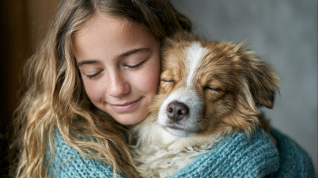 Young girl hugging her furry dog tightly, eyes closed and smiling as they share a warm, tender moment of comfort, trust and joyful companionship at homeの素材