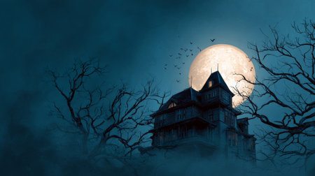 Old spooky mansion beneath a full moon with bare branches and circling bats, casting an eerie silhouette that evokes halloween dread, gothic mystery, and supernatural fearの素材