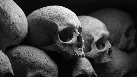 Roughened human skulls are stacked in a dark environment, creating an eerie and macabre scene symbolizing death, mortality, and the ancient past in a somber black and white compositionの素材