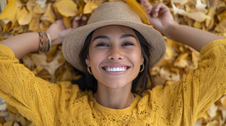 Happy young woman wearing a vibrant yellow sweater and a stylish hat, lying among colorful autumn leaves, smiling brightly while playfully holding her hat, embracing the joy of fallの素材