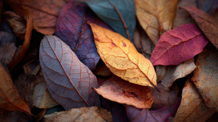 Fallen autumn leaves forming a vibrant tapestry of colors, highlighting the intricate network of veins that once provided nourishment, create a stunning display of natures beautyの素材