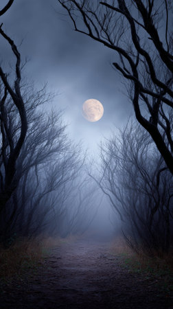 Forest path leading through a dense, foggy wood with bare, gnarled trees, illuminated by a glowing full moon, evoking a mysterious and eerie atmosphereの素材