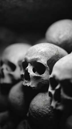 Human skulls, stacked and arranged in crypts, creating a somber atmosphere reflecting themes of death, ancestry, and the fragility of life in a black and white compositionの素材