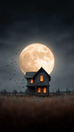 Haunted house standing mysteriously in a field under a glowing full moon with bats flying in the dark night sky, creating a creepy and supernatural atmosphere for halloweenの素材
