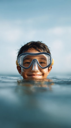 Portrait of a joyful young boy wearing a diving mask, partially submerged in the sparkling ocean, relishing a sunny day filled with watersports and beaming with happinessの素材